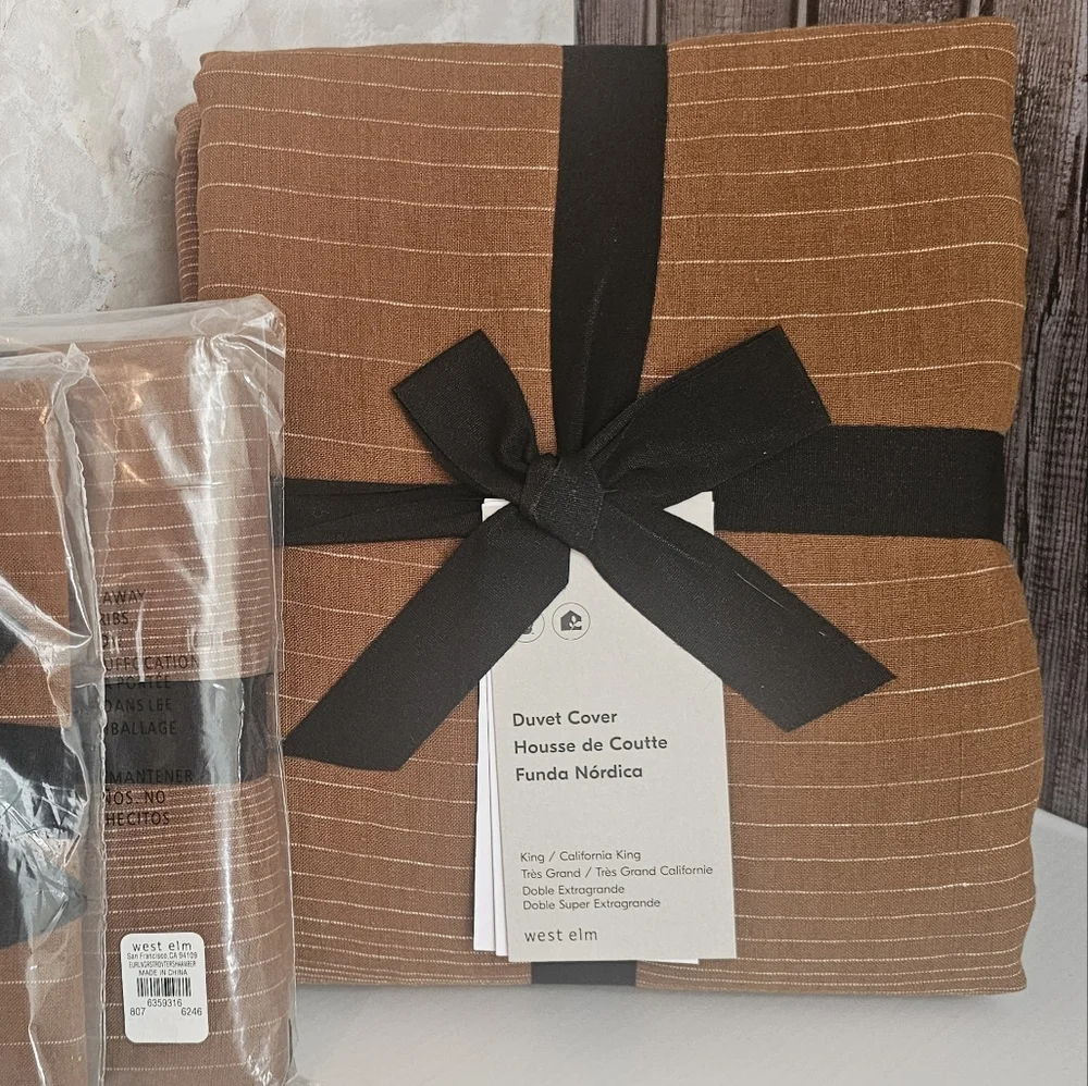 **European Flax Linen Graduated Stripe King Duvet Cover & Euro Shams Amber